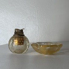 Vtg Evans Lighter And Ashtray Set Glass Gold Controlled Bubble Gold Fleck Works picture