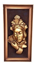 Vintage 50s 60s MCM 3D Gold Chinese Girl Lotus Flower Tretchikoff Green Girl Art picture
