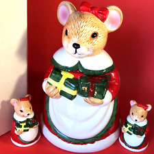 MOUSE COOKIE JAR WITH MATCHING SALT AND PEPPER SHAKERS MRS CHRISTMAS MOUSE picture