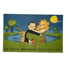 Vintage 1952 Humorous Cartoon Postcard Man Holding Woman on Bench Gaining Weight picture