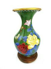 Vintage Chinese Cloisonne Floral Green Enamel Vase 10