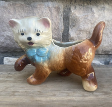 Glazed Ceramic Kitten  Cat Planter Tan Brown Blue Eyes Blue Bow picture