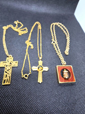 Christian Jewelry Lot 3 Gold-Tone Cross Pendant Necklaces + Square Pendant picture