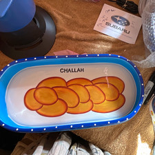 Blue & White Ceramic Challah Pattern Oval Serving Tray picture