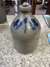 Primitive Stoneware Crock Jug ~ Nice Cobalt Blue tulips.  12x7x7