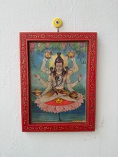 Vintage Shiva Photo Frame Handmade Painted Hindu God Wooden Wall Decor - 12x16 