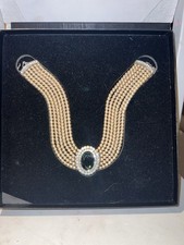 Princess Diana Iconic Faux Pearl Sapphire Halo Crystal Rhinestone Necklace  picture