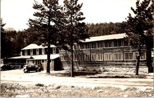 1938-40s Wild Basin Lodge CO Postcard w/ Prexie Stamp Log Cabin & Rockies picture