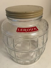 Vintage Leroux Seagram Distillers Clear Glass Barrel Jar with Metal Lid picture