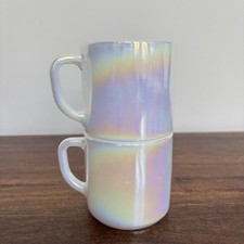 Vintage Federal Moonglow Iridescent Milk Glass Coffee Mugs Tea Cups Set Of 2 picture