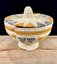 Vtg Handcrafted Lidded African Coil Basket medium 6”x 7” picture