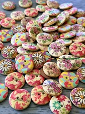 Vintage Floral Wooden and Plastic Buttons with 2 holes for Crafting or Sewing picture