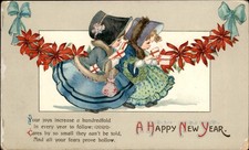 New Year's Two Girls with Gifts Children Embossed c1900s-10s Vintage Postcard picture
