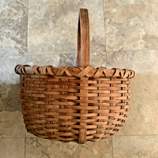 Antique Primitive Hand Made Woven Splint Wood Egg Gathering Picnic Basket picture
