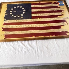 Vintage Framed 13 Star Betsy Ross Scarred American Flag Huge 57x36.5 picture