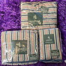 Vtg RALPH LAUREN RED BLUE CHADWICK STRIPE FULL BED SET ITALY USA NEW OLD STOCK picture
