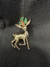 Gerrys Creations, Inc. Reindeer Enamel Brooch Goldtone Holly Antlers Clasp Works picture