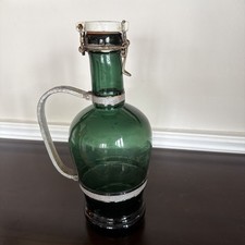 Early 20th Century Green Beer Growler 1.5L Paneled Porcelain Cap Aluminum Handle picture