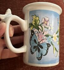 1970’s 70’s Vintage BUTTERFLIES Ceramic Coffee Tea Mug Mulberry 3D 4” Floral picture