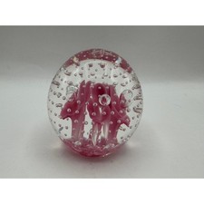 Joe Rice Art Glass Paperweight Pink Floral Controlled Bubble Round Decor 1990 picture