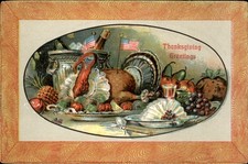 Thanksgiving Patriotic Roast Turkey with Flags Food c1900s-10s Vintage Postcard picture