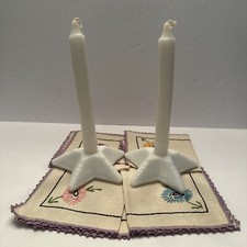 (2) Vintage Milk Glass Ribbed Star Candleholder Set. picture
