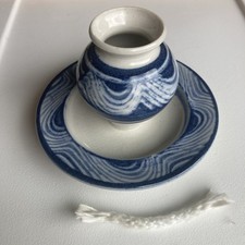 Vintage Studio Pottery Ceramic Oil Lamp Vase Candle Blue White Swirl Hand-thrown picture