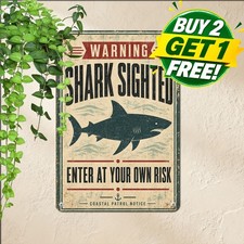 Shark Sighted Warning Sign Indoor Beach House Metal Decor Plaque 8x12 picture