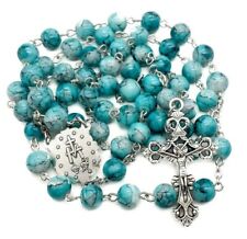 Turquoise Marble Glass Beads Rosary Necklace Catholic Miraculous Medal & Cross picture