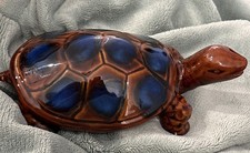 Gorgeous Vtg Mid-Century Ceramic Turtle Figurine Drip Glaze Tortoiseshell & Blue picture
