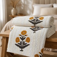 Vintage Handmade Kantha Quilt | Block Print Bedspread | Cotton Floral Bedcover  picture