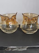 Hand Blown OWL Crackle Glass Candle Holder Clear Amber Carnival Ombre Set Of 2. picture