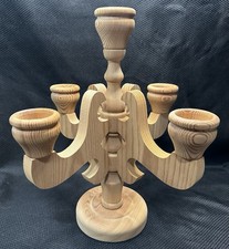 Vintage Scandinavian Hand-Carved Pine Wood Candelabra 5-Arm Swedish Folk Art 14” picture