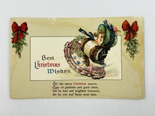 Antique 1910s Best Christmas Wishes Victorian Lady Winter Christmas Postcard picture