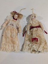 Vintage Victorian Lady Doll Christmas Ornaments Set of 2 Lace Dresses Taiwan picture