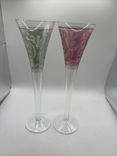 Vintage Pair Of Etched Glass Champagne Flutes Gold Accents in Green And Pink 10H picture