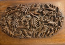 Vintage 1930s HandCarved Asian Wooden Jewelry Box Intricate Wildlife Forest Lock picture