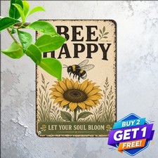 Bee Happy Sunflower Blossom Rustic Wall Art Metal Tin Sign Garden Home Decor picture