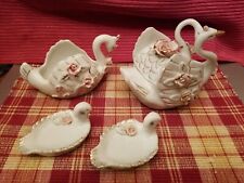 WALES Porcelain Swan Ashtrays Ring & Trinket Dish w/Lid 4pc Pink Roses Gold Trim picture