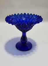 Cobalt Blue Glass Compote, Pedestal Bowl, Fenton Style Thumbprint Ruffled Edge picture