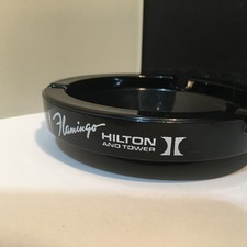 FLAMINGO HILTON and Tower Las Vegas Black Glass Ashtray vtg picture