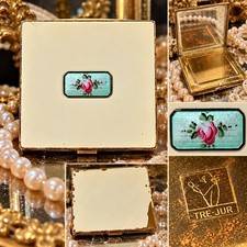 Vtg 1920 Tre-Jur Signed Ivory Enamel Powder Compact Pink Rose Guilloché ArtDeco  picture