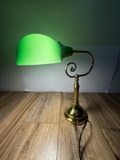 Vtg 70s Bankers Desk Lamp Green Glass Shade Library Light Brass Spiral Ornate picture