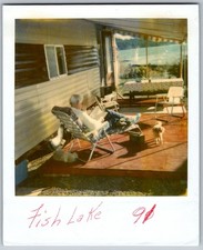 Vtg Polaroid Snapshot Photo Senior Man Reading Outside Rv Camper Fish Lake picture