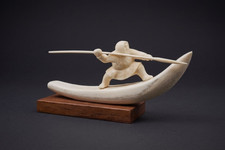 Vtg Inuit Chukchi Sculpture, Hunter in Kayak with Harpoon, Arctic Folk Art picture