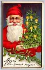 Happy Santa Claus with Xmas Tree~Holly Berries~Antique~ Christmas Postcard~k105 picture
