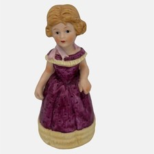 Vintage 1980 Enesco Figural Bell Girl w/ Purple Dress Bisque Porcelain Taiwan 5