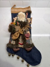 Vintage House of Hatten 3D Santa Denim Patchwork Christmas Stocking Folk Art picture