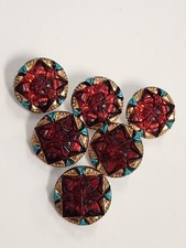 Scarlet Gold Green Gem Czech Glass Buttons Lot Of 6 New Pour Vintage Mold 18mm picture