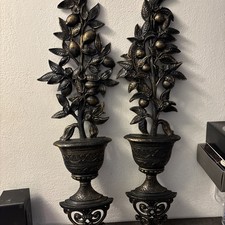 Set Of 2 VTG Homco Ornate Black & Gold ornate fruit tree wall plagues picture